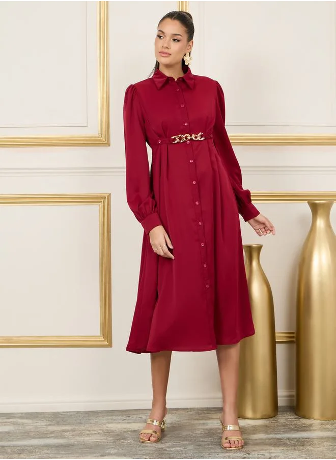ستايلي Chain Accent Detachable Detail Pleat Shirt Midi Dress