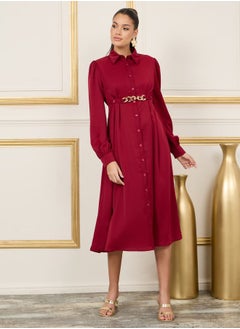 Styli Chain Accent Detachable Detail Pleat Shirt Midi Dress  - Image 1