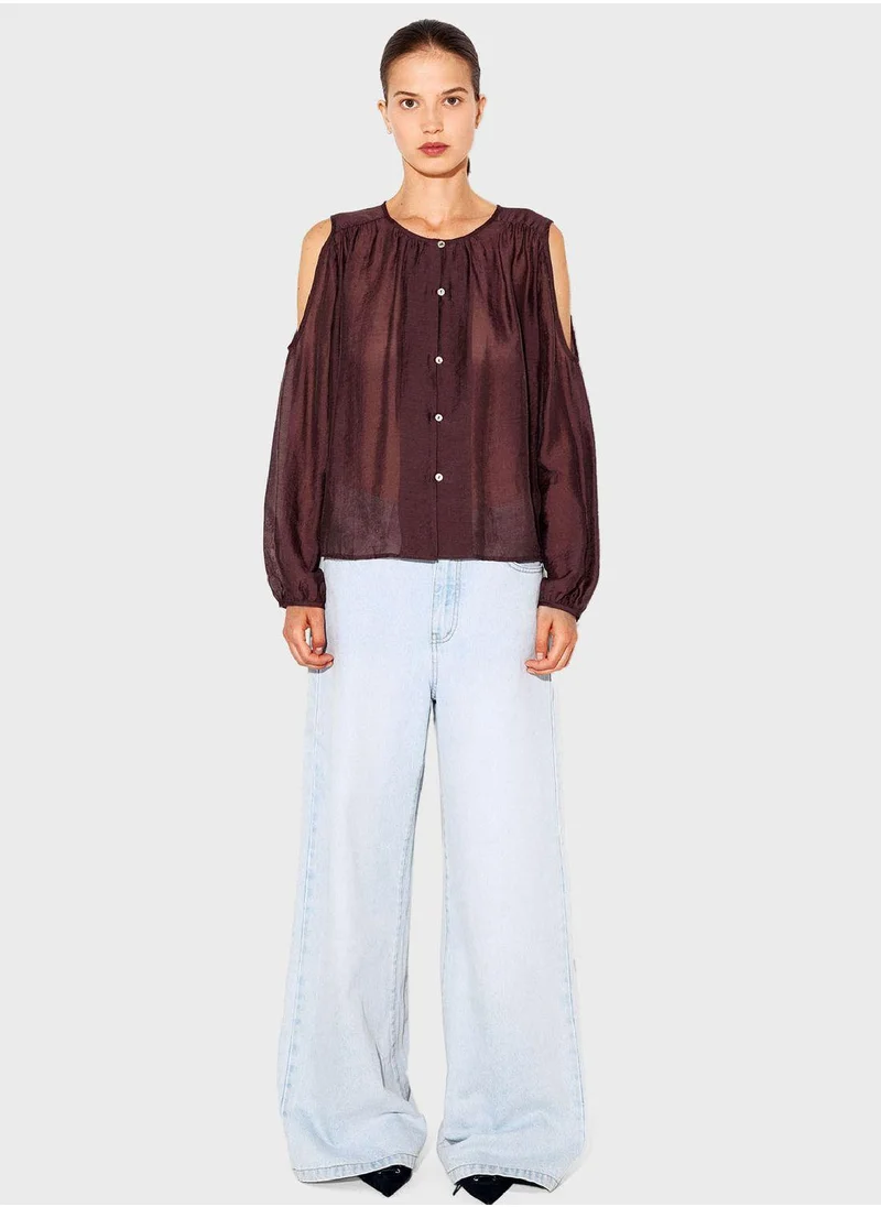 PARFOIS Cold Shoulder Button Down Top
