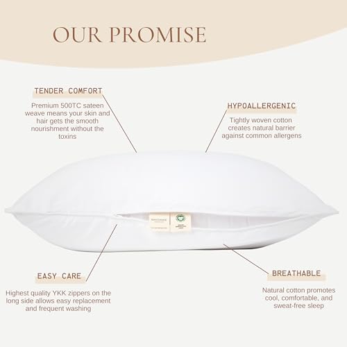 Makemake Organics Organic Pillow Protector (Set of 2) GOTS Certified Organic Cotton Pillow Cases Zippered Natural Breathable Safer Barrier Fits Queen Pillow (20x30, Bright White) - Image 2