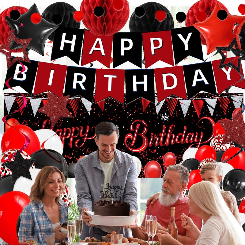 IHEPYQ Red Black Birthday Decorations, Happy Birthday Banner, Backdrop, Balloons, Honeycomb Balls, Star Foil Balloons, Stars Hanging Swirls & Cake Topper for Baby Boys Girl Men Women Birthday Decoration - Image 4