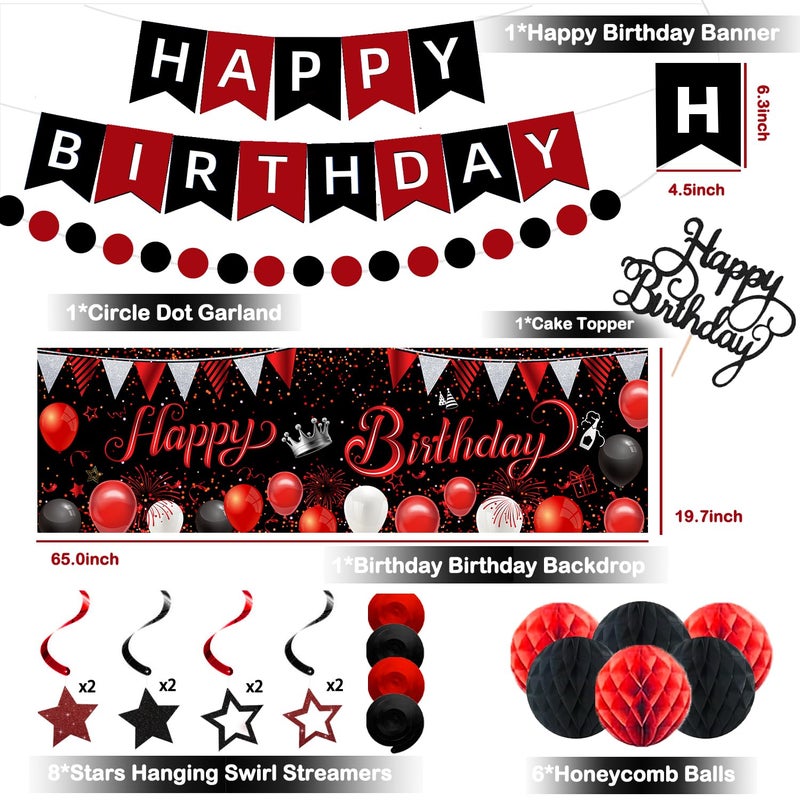 IHEPYQ Red Black Birthday Decorations, Happy Birthday Banner, Backdrop, Balloons, Honeycomb Balls, Star Foil Balloons, Stars Hanging Swirls & Cake Topper for Baby Boys Girl Men Women Birthday Decoration - Image 2