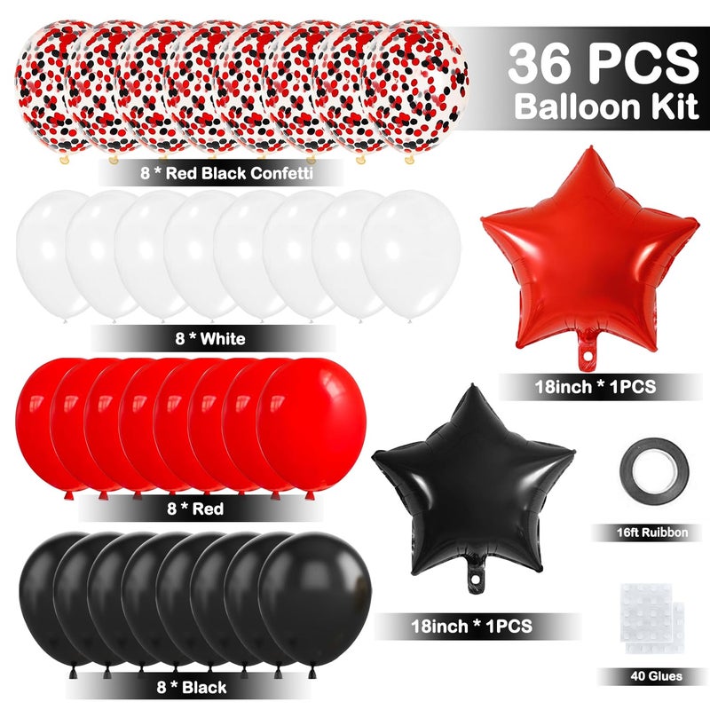 IHEPYQ Red Black Birthday Decorations, Happy Birthday Banner, Backdrop, Balloons, Honeycomb Balls, Star Foil Balloons, Stars Hanging Swirls & Cake Topper for Baby Boys Girl Men Women Birthday Decoration - Image 3