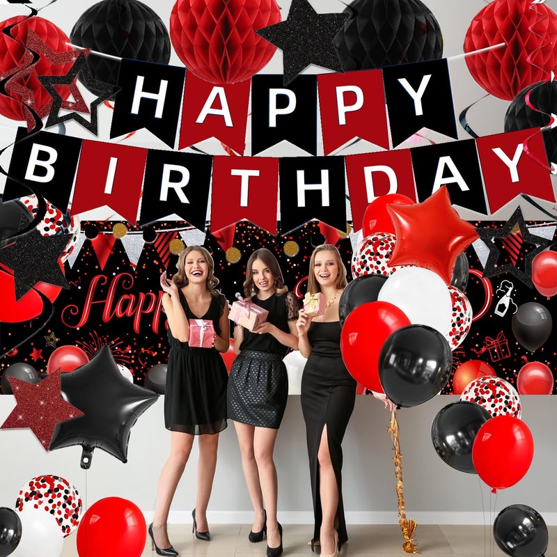 IHEPYQ Red Black Birthday Decorations, Happy Birthday Banner, Backdrop, Balloons, Honeycomb Balls, Star Foil Balloons, Stars Hanging Swirls & Cake Topper for Baby Boys Girl Men Women Birthday Decoration - Image 5