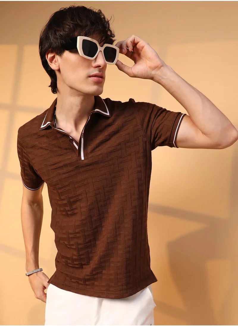 Campus Sutra Men's Coffee Brown Weave-Textured Polo T-Shirt