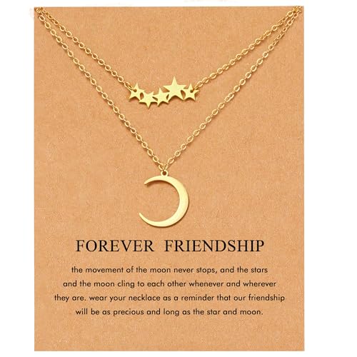 RZKING Friendship Necklace, Dainty Moon and Star Choker Pendant Golden Layered Necklace for Women - Image 1