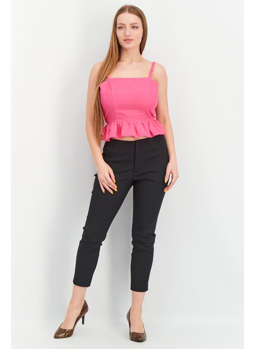 Aqua - Women Squared Neck Sleeveless Lace-Up Back Peplum Top, Hot Pink - Image 1