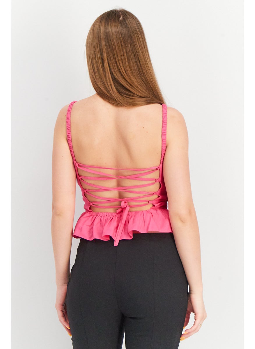 Aqua - Women Squared Neck Sleeveless Lace-Up Back Peplum Top, Hot Pink - Image 1