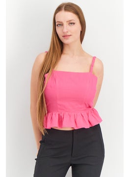 Women Squared Neck Sleeveless Lace-Up Back Peplum Top, Hot Pink