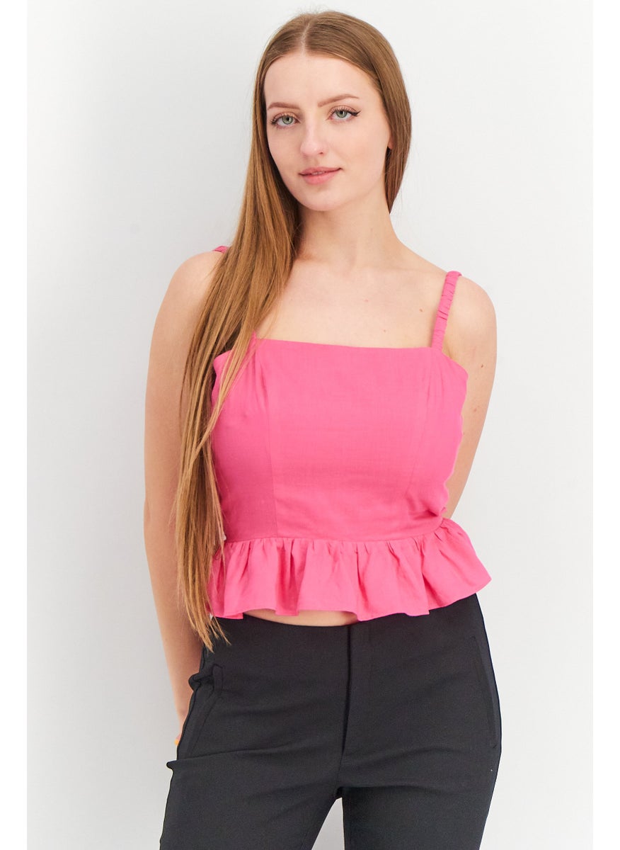 Aqua - Women Squared Neck Sleeveless Lace-Up Back Peplum Top, Hot Pink - Image 1