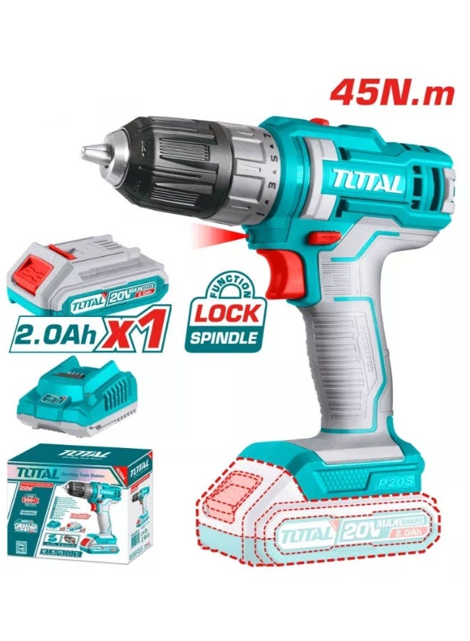 TOTAL TDLI200518 20V Cordless Drill/Driver – 45 Nm, 2.0Ah Battery, Dual Speed (0-400 & 0-1500 rpm), 65mm Chrome Vanadium Chuck, Rechargeable, Easy Lock Spindle - Image 1