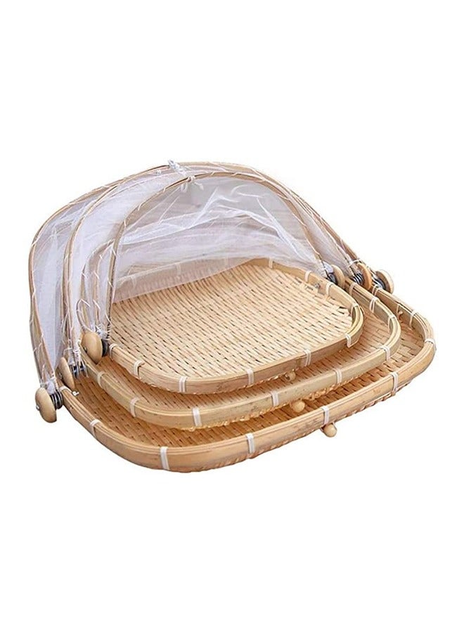 NKX Set of 3 Bamboo Food Serving Trays with Food Mesh Cover - Image 1