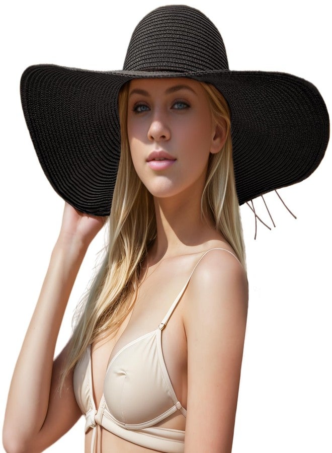 Askljeby Floppy Big Beach Straw Hats for Women Foldable Summer Wide Brim Packable Oversized Sun Hat Womens Travel Straw Fedora Hat, Black-1 - Image 1