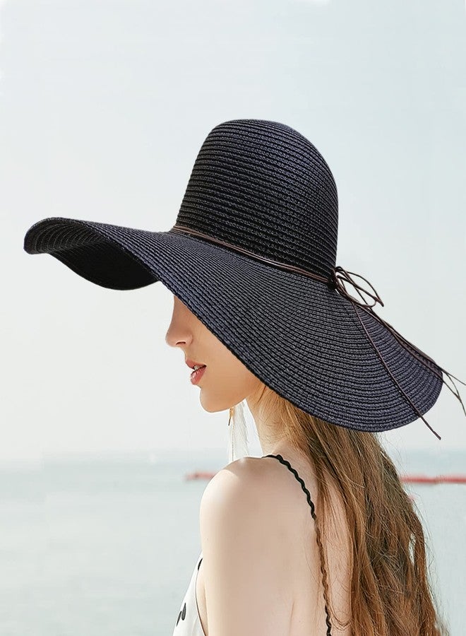Askljeby Floppy Big Beach Straw Hats for Women Foldable Summer Wide Brim Packable Oversized Sun Hat Womens Travel Straw Fedora Hat, Black-1 - Image 4