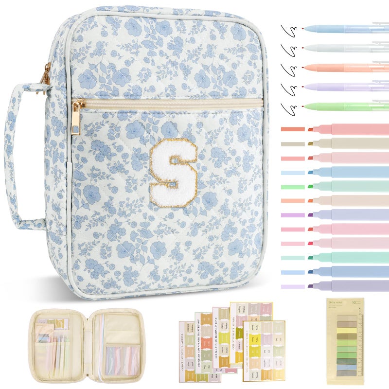 Iqimott Personalized Initial Bible Cover Case for Women Girls Kid - Large Quilted Bible Case with Handle, Stylish Chenille Letter Bag Study Supplies, Perfect Christmas Gifts for Christians (Blue Flower-S) - Image 1