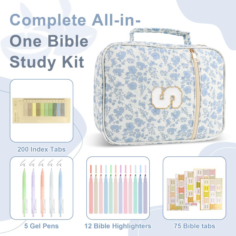 Iqimott Personalized Initial Bible Cover Case for Women Girls Kid - Large Quilted Bible Case with Handle, Stylish Chenille Letter Bag Study Supplies, Perfect Christmas Gifts for Christians (Blue Flower-S) - Image 3