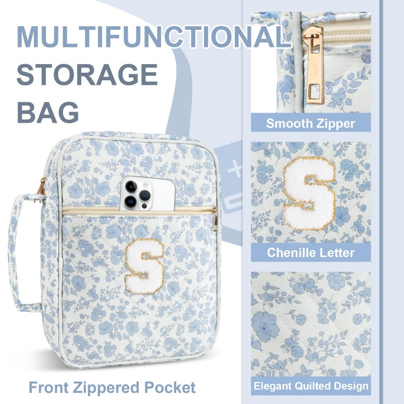 Iqimott Personalized Initial Bible Cover Case for Women Girls Kid - Large Quilted Bible Case with Handle, Stylish Chenille Letter Bag Study Supplies, Perfect Christmas Gifts for Christians (Blue Flower-S) - Image 5