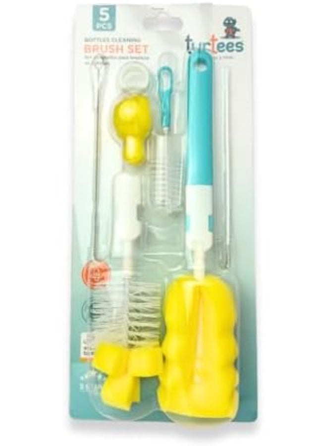 Turtees 5-in-1 Baby Bottle Brush Set | Silicone & Nylon Bottle Cleaner with Nipple Brush, Straw Brush & Sponge | BPA-Free | Blue & Yellow