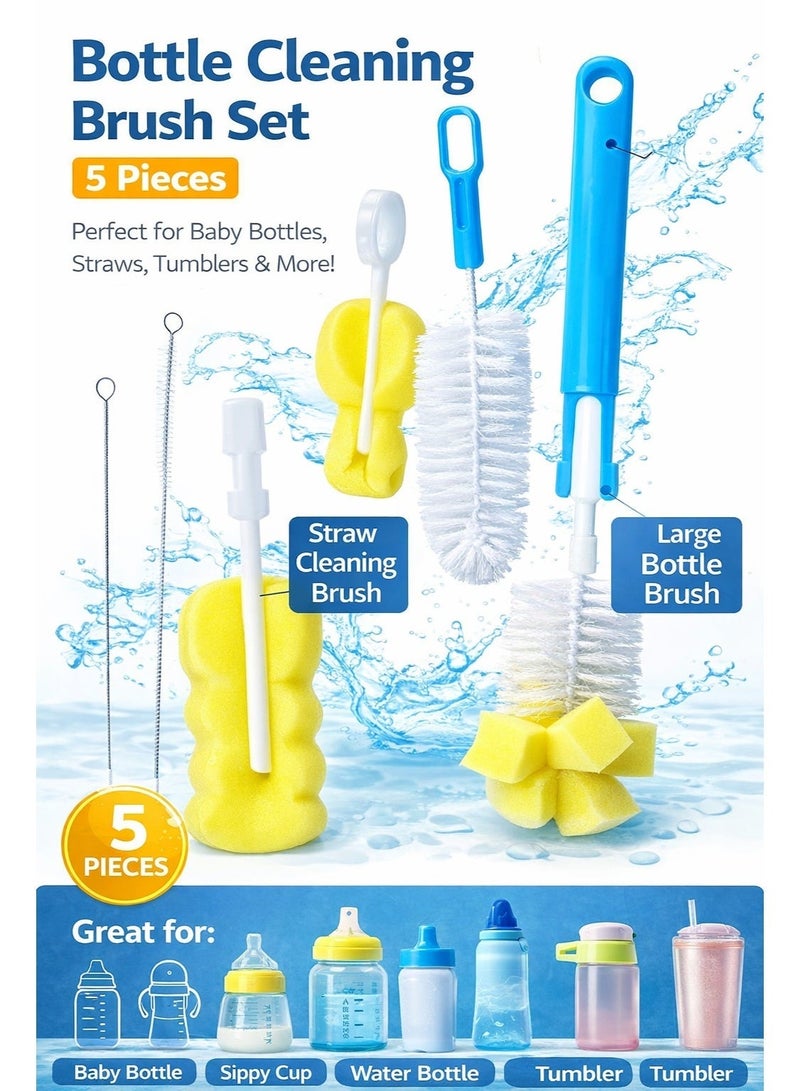 Turtees 5-in-1 Baby Bottle Brush Set | Silicone & Nylon Bottle Cleaner with Nipple Brush, Straw Brush & Sponge | BPA-Free | Blue & Yellow - Image 1