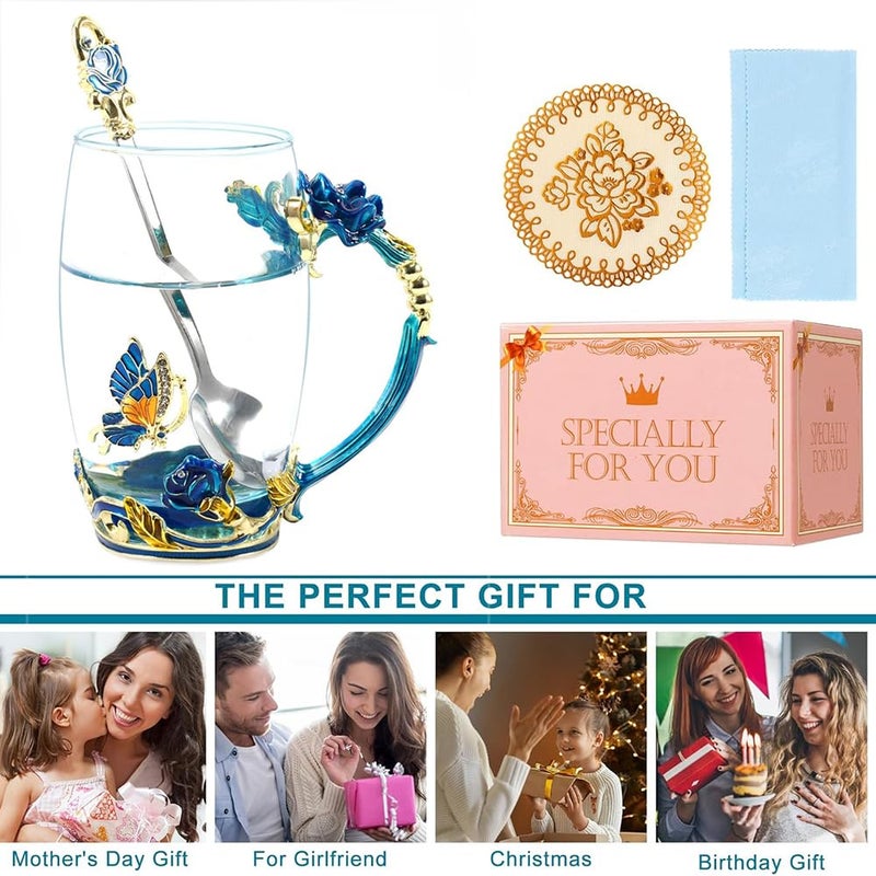 DasyFly Birthday Gifts For Women,Butterfly Flower Glass Tea Cup Sky Blue Rose Coffee Mug Gift For Women Mom Wife Sister Coworker Female Friend on Christmas Anniversary Valentines Mothers Day Presents - Image 5
