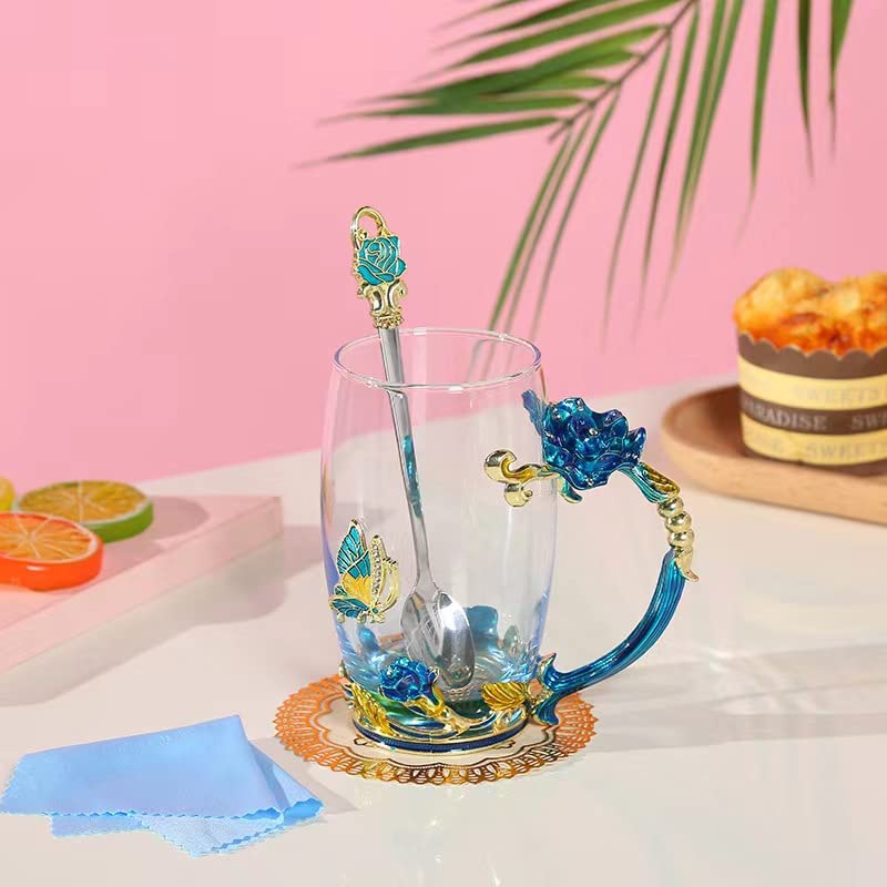DasyFly Birthday Gifts For Women,Butterfly Flower Glass Tea Cup Sky Blue Rose Coffee Mug Gift For Women Mom Wife Sister Coworker Female Friend on Christmas Anniversary Valentines Mothers Day Presents - Image 2