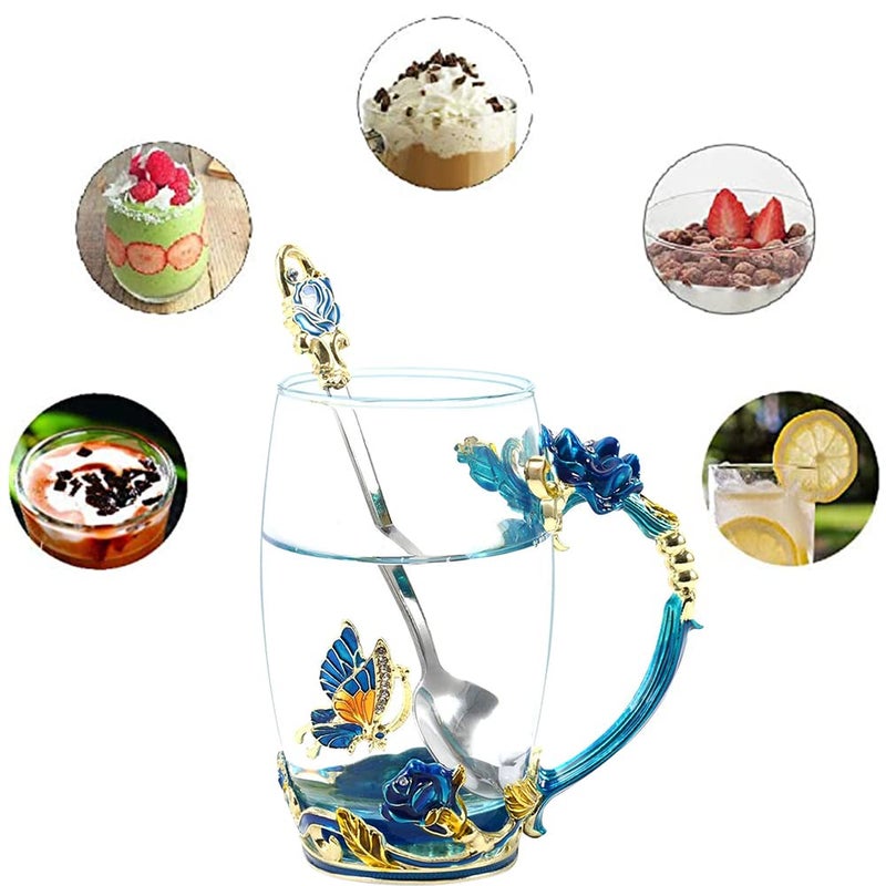 DasyFly Birthday Gifts For Women,Butterfly Flower Glass Tea Cup Sky Blue Rose Coffee Mug Gift For Women Mom Wife Sister Coworker Female Friend on Christmas Anniversary Valentines Mothers Day Presents - Image 4