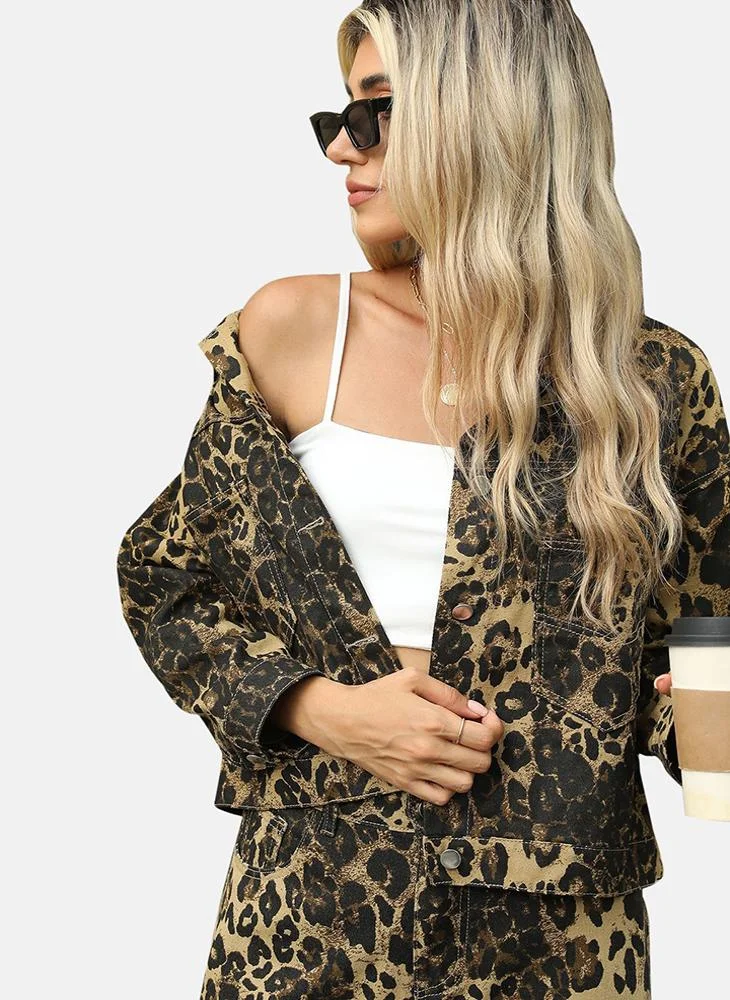 يونيكي Brown Printed Regular Fit Long Sleeve Denim Jacket