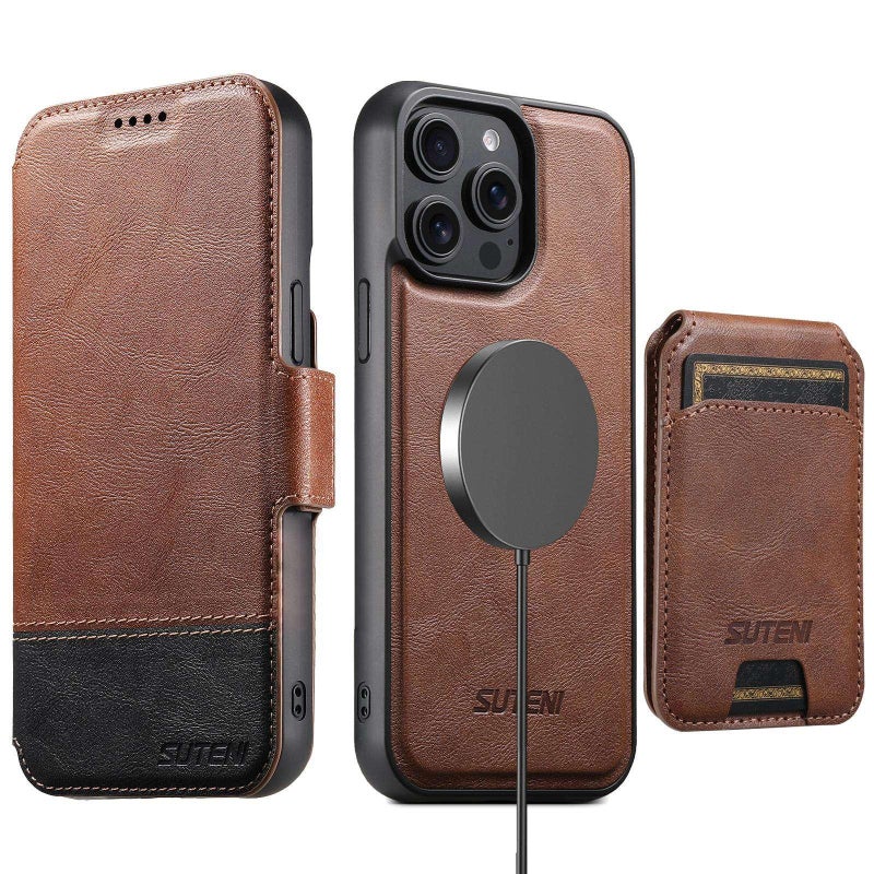 Suteni For Iphone 14 Pro Q06S2 3-In-1 Detachable Vertical Flip Wallet Magsafe Splicing Leather Phone Case(Brown) - Image 1