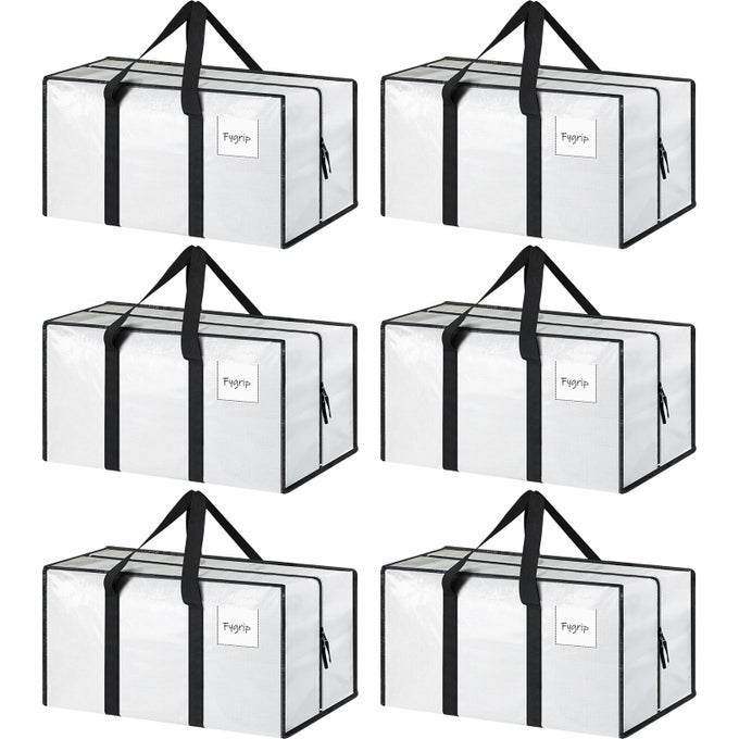 6 PACK EXTRA HEAVY DUTY LARGE MOVING BAGS WITH STRONG ZIPPER COMFORTABLE HANDLES STURDY DURABLE CLOTHES STORAGE BAGS TOTES BINS PACKING MOVING BOXES FOR COLLEGE SUPPLIES WHITE