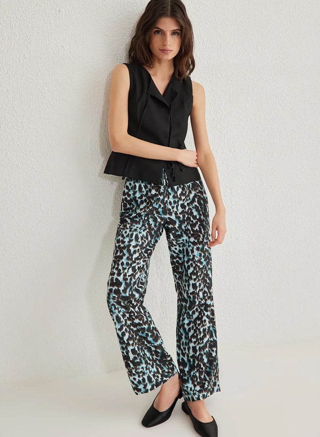 trendyol Blue Elastic Waist Wide Leg Leopard Patterned Woven Trousers - Image 4