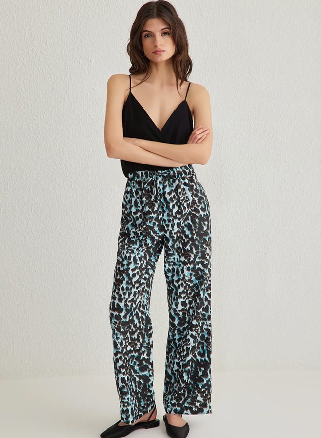 trendyol Blue Elastic Waist Wide Leg Leopard Patterned Woven Trousers - Image 2