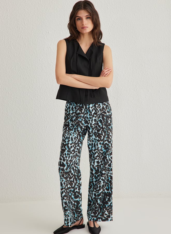 trendyol Blue Elastic Waist Wide Leg Leopard Patterned Woven Trousers - Image 5