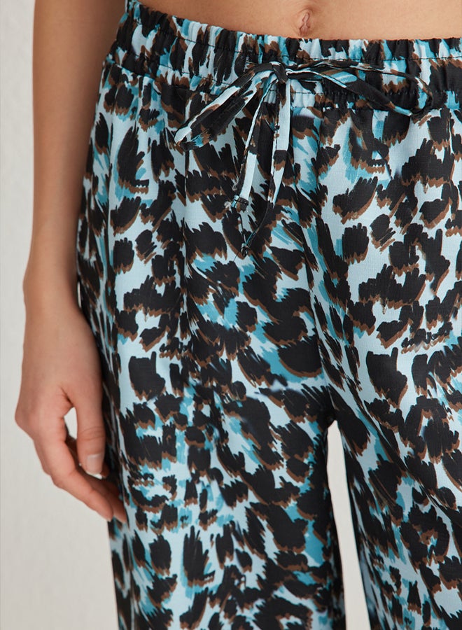 trendyol Blue Elastic Waist Wide Leg Leopard Patterned Woven Trousers - Image 3