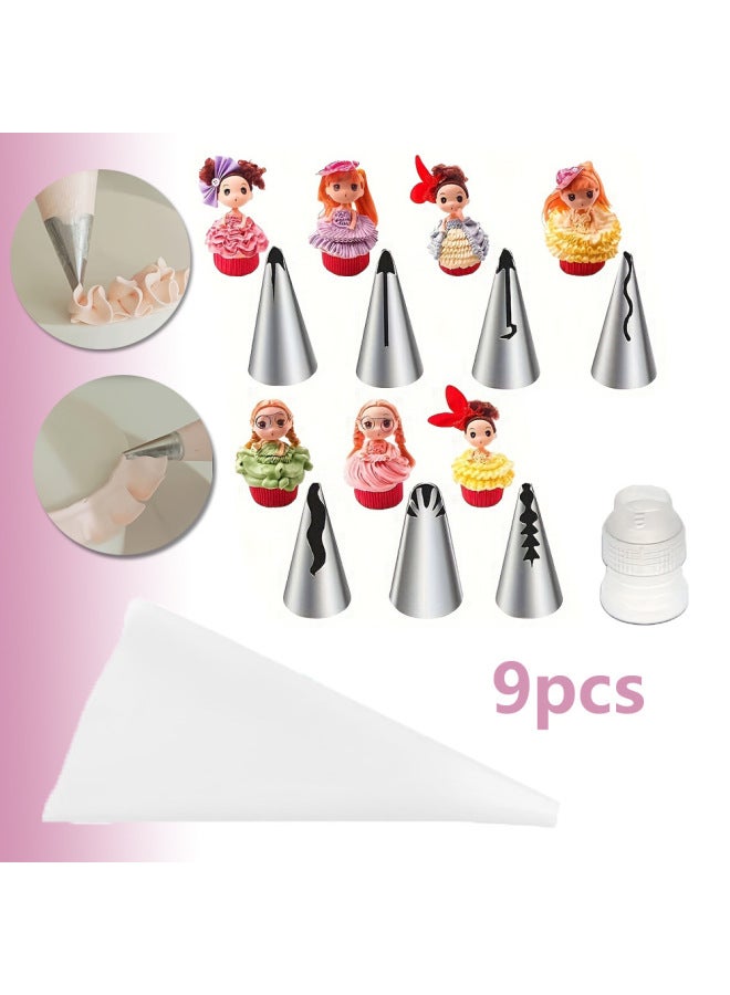 Stainless Steel Decorating Mouth 9 Piece Set Skirt Pleated Cream Squeeze Mouth Decorating Bag DIY Decorative Cake Baking Tools-Specifications:9 Piece Set - Image 3