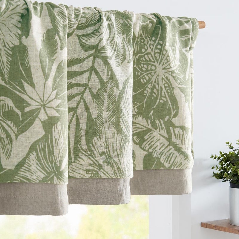 jinchan jinchan Linen Curtain Kitchen Valance for Windows Tropical Leaf Printed Valance for Living Room Bathroom Bedroom Blackout Country Farmhouse Kitchen Curtain 16 Inch Rod Pocket 1 Panel Green on Beige  - Image 1