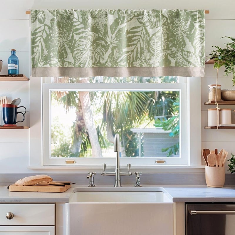 jinchan jinchan Linen Curtain Kitchen Valance for Windows Tropical Leaf Printed Valance for Living Room Bathroom Bedroom Blackout Country Farmhouse Kitchen Curtain 16 Inch Rod Pocket 1 Panel Green on Beige  - Image 2