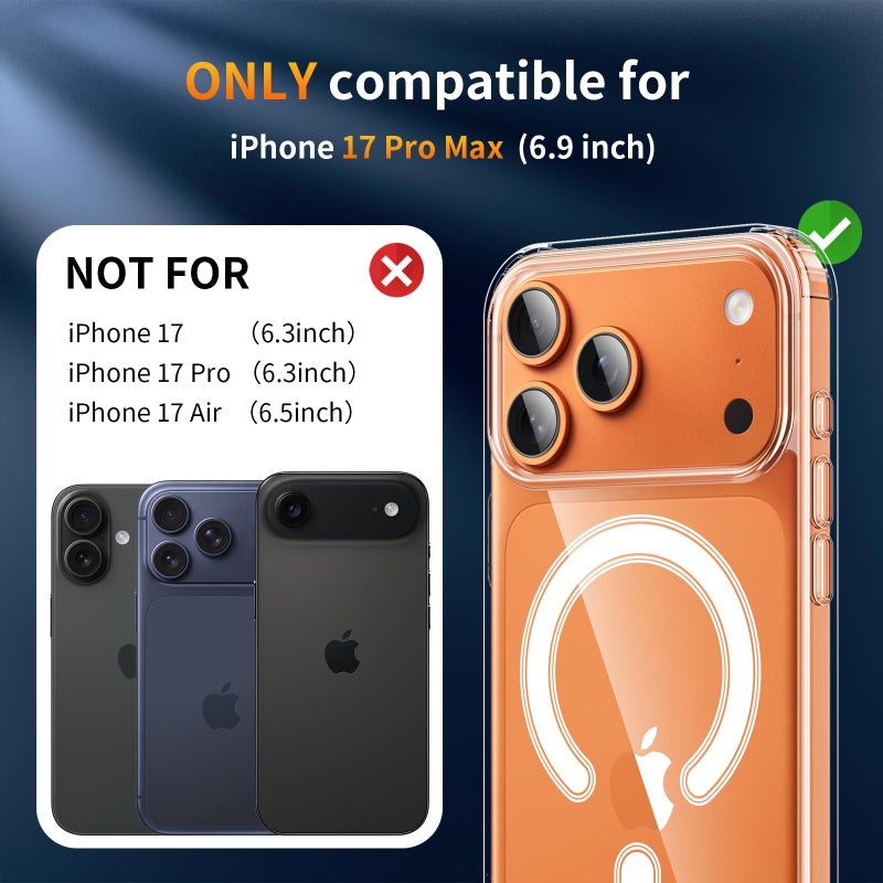 YNMEacc 5 in 1 Magnetic for iPhone 17 Pro Max Case 6.9-Inch with 2X Screen Protector + 2 Lens Covers, [Compatible with MagSafe] Slim Soft TPU Silicone Shockproof Anti-Scratch Phone Cover - Clear - Image 2