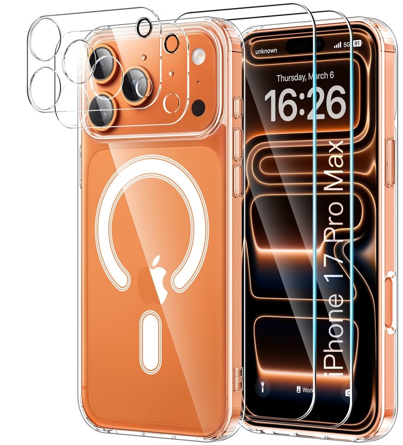 YNMEacc 5 in 1 Magnetic for iPhone 17 Pro Max Case 6.9-Inch with 2X Screen Protector + 2 Lens Covers, [Compatible with MagSafe] Slim Soft TPU Silicone Shockproof Anti-Scratch Phone Cover - Clear - Image 1