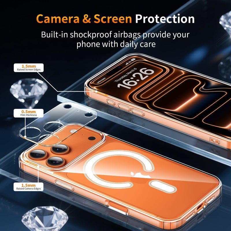 YNMEacc 5 in 1 Magnetic for iPhone 17 Pro Max Case 6.9-Inch with 2X Screen Protector + 2 Lens Covers, [Compatible with MagSafe] Slim Soft TPU Silicone Shockproof Anti-Scratch Phone Cover - Clear - Image 5