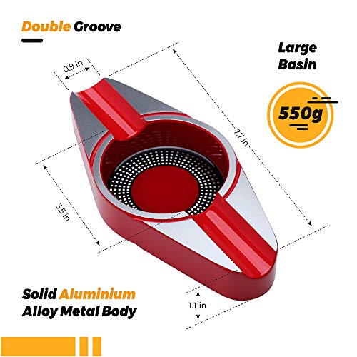 VEXO Cigar Ashtray Metal Ash Tray with Double 2 Cigar Holders and Large Basin for Outdoor Patio Indoor Home and Office Use (Red) - Image 2