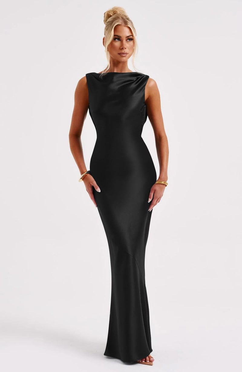 Memoriesea Women's Satin Elegant Sleeveless High Neck Tie Cocktail Party Maxi Dress Black - Image 2