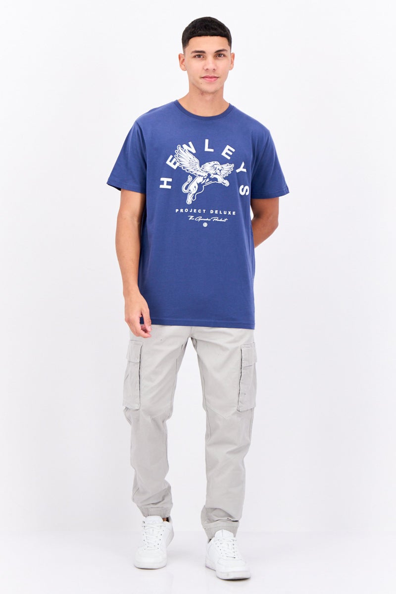 Henleys Men Round Neck Short Sleeves Brand Logo T-Shirt, Blue - Image 4
