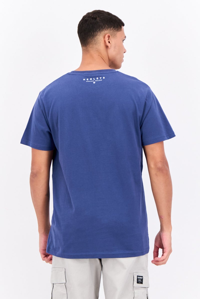 Henleys Men Round Neck Short Sleeves Brand Logo T-Shirt, Blue - Image 3