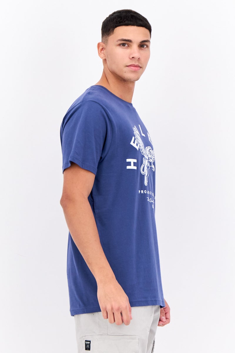 Henleys Men Round Neck Short Sleeves Brand Logo T-Shirt, Blue - Image 2