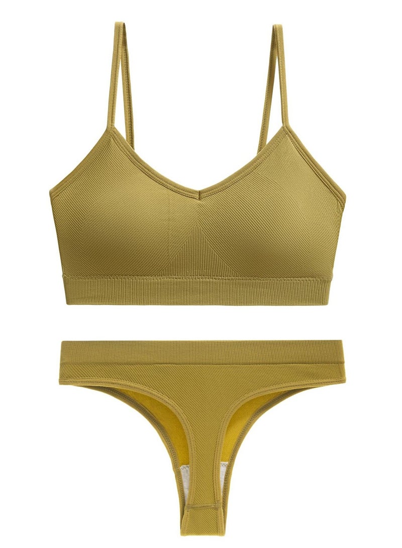 Loquat Women's Solid Color Lingerie Set 2-piece Seamless Wireless Bra+Low Waisted Thong Shorts Sport Suit Turmeric 