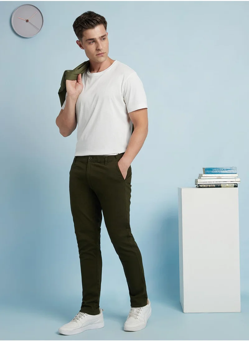 دينيس لينغو Men's Olive Green 100% Cotton Solid Full Length Chinos Straight Fit Trouser