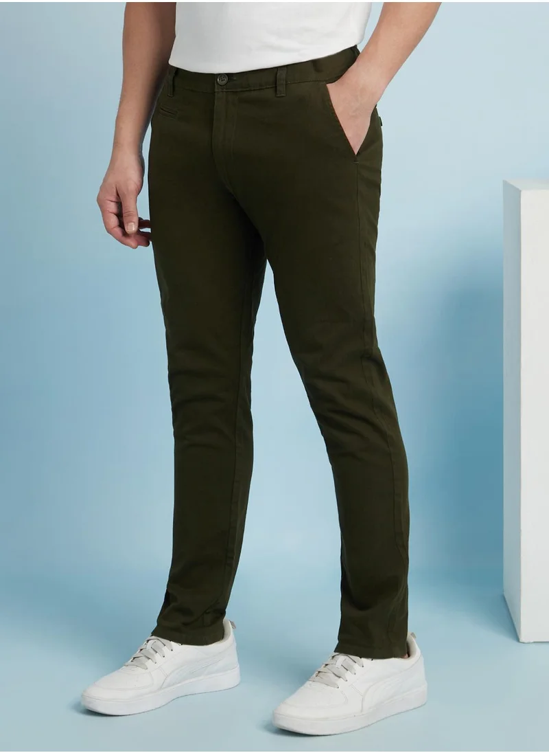 دينيس لينغو Men's Olive Green 100% Cotton Solid Full Length Chinos Straight Fit Trouser
