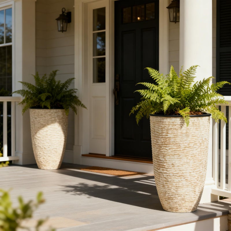 Worth Garden 21" H Beige Tall Planters set of 2 with Inside Pots - 14'' Dia Plastic Large Round Plant Tree Pots with Drain Hole - Decorative Imitation Stone Finish for Indoor Outdoor Front Porch Patio - Image 4