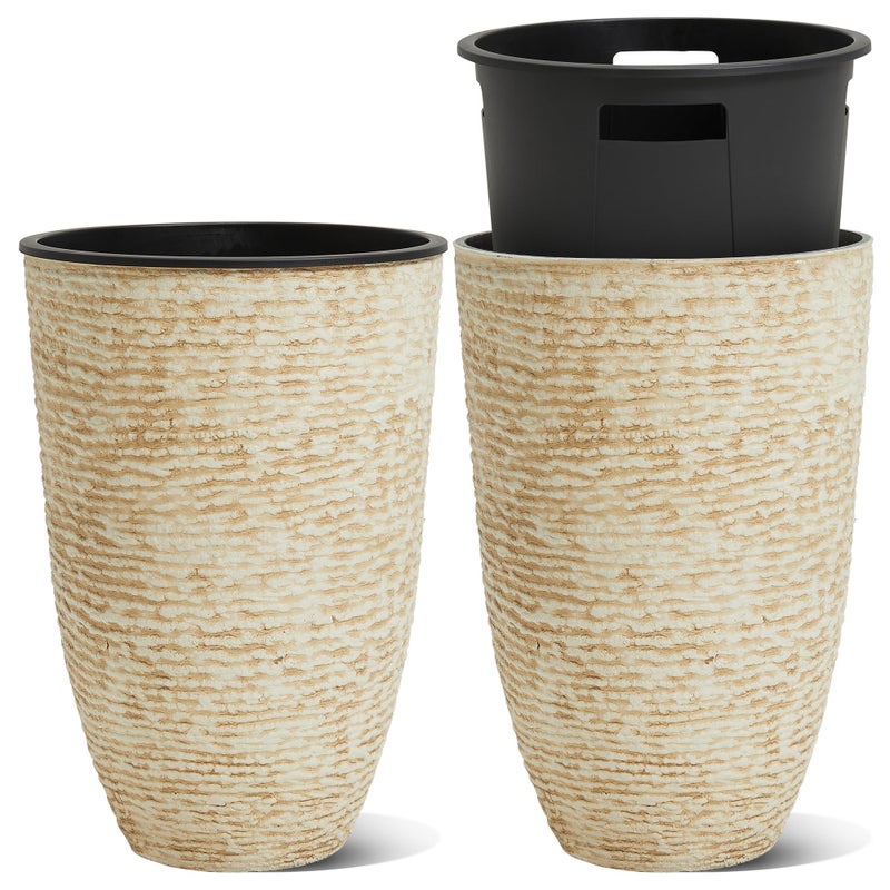 Worth Garden 21" H Beige Tall Planters set of 2 with Inside Pots - 14'' Dia Plastic Large Round Plant Tree Pots with Drain Hole - Decorative Imitation Stone Finish for Indoor Outdoor Front Porch Patio - Image 1