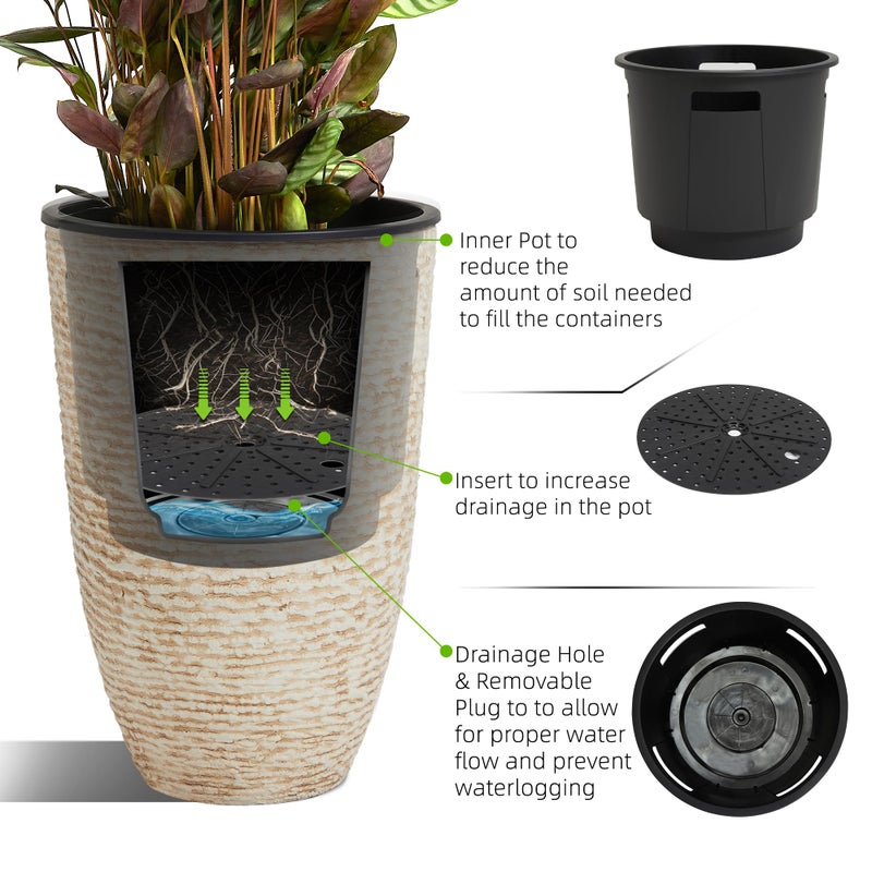 Worth Garden 21" H Beige Tall Planters set of 2 with Inside Pots - 14'' Dia Plastic Large Round Plant Tree Pots with Drain Hole - Decorative Imitation Stone Finish for Indoor Outdoor Front Porch Patio - Image 5